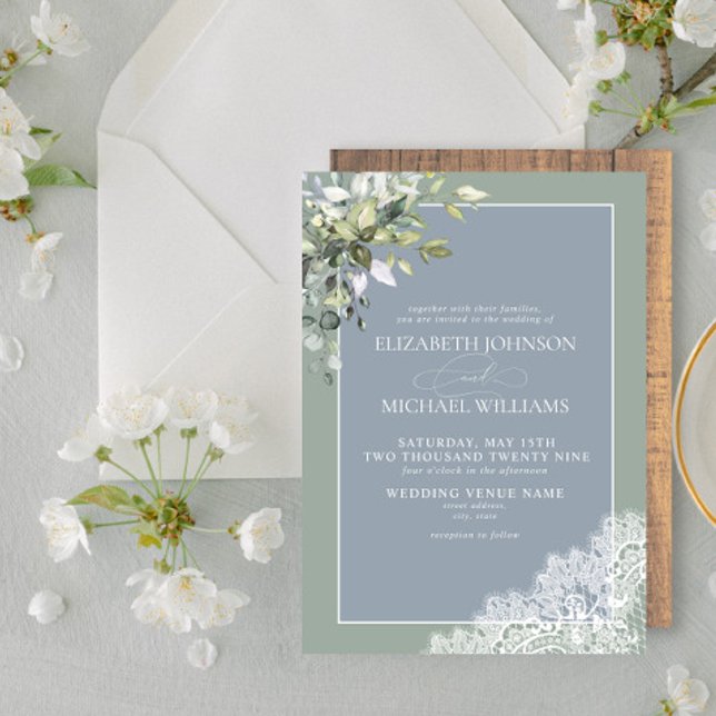 Invitación Dusty Blue Eucalyptus Boda de Madera Botánica Invi (Subido por el creador)