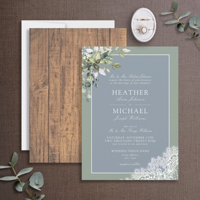 Invitación Dusty Blue Eucalyptus Boda de Madera Botánica Invi (Subido por el creador)