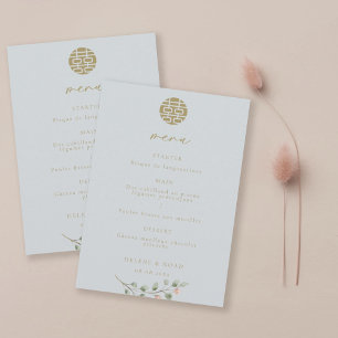 Invitación Dusty Blue Eucalyptus Elegante menú Boda chino