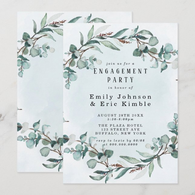 Invitación Dusty Blue Eucalyptus Green Engagement Party (Anverso / Reverso)