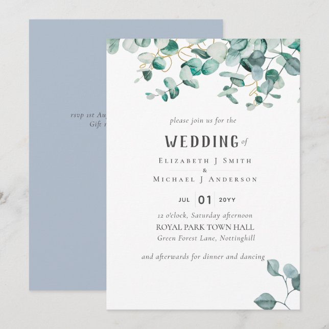 Invitación Dusty Blue Eucalyptus Greenerenery BUDGET BODA (Anverso / Reverso)