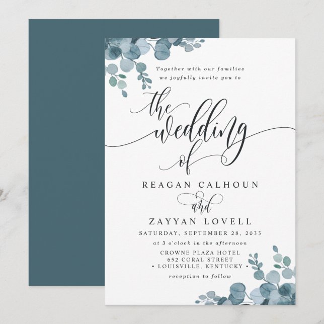 Invitación Dusty Blue Eucalyptus Greenery Boda (Anverso / Reverso)