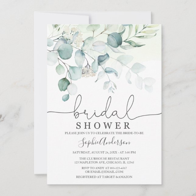 Invitación Dusty Blue Eucalyptus Greenery Bridal Shower (Anverso)