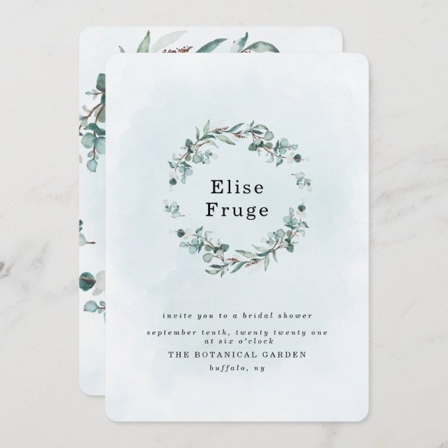 Invitación Dusty Blue Eucalyptus Greenery Bridal Shower (Anverso / Reverso)