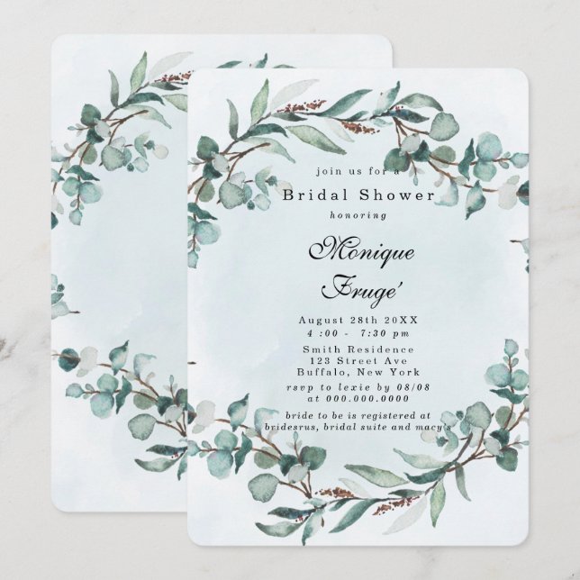 Invitación Dusty Blue Eucalyptus Greenery Bridal Shower (Anverso / Reverso)