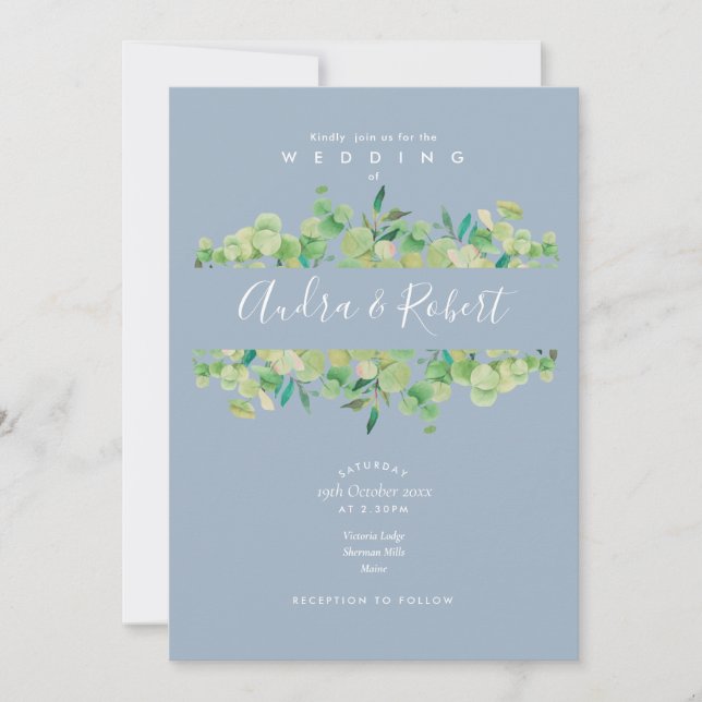 Invitación Dusty Blue Eucalyptus Greenery Garland Boda (Anverso)