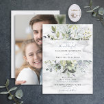 Invitación Dusty Blue Eucalyptus Greenery Marble Photo<br><div class="desc">Crea la invitación perfecta para tu moderno boda botánico, con este magnífico diseño de suculentas acuarelas de color azul y polvoriento eucalipto, con un falso fondo de mármol de Carrera, salpicaduras de acuarela y una moderna tipografía con letras a mano. La tarjeta incluye tu foto de compromiso favorita en la...</div>