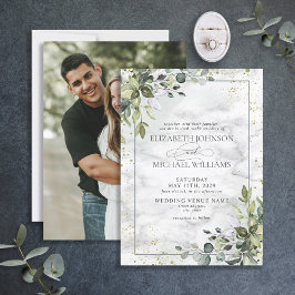 Invitación Dusty Blue Eucalyptus Greenery Marble Photo