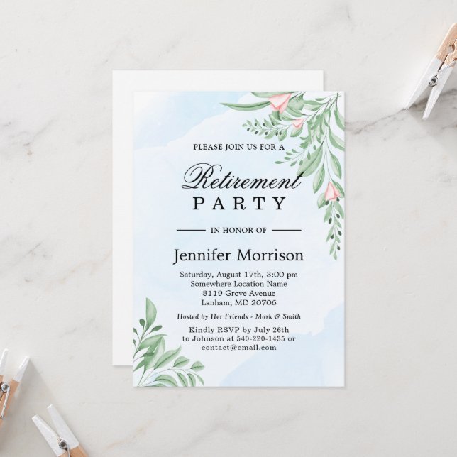 Invitación Dusty Blue Eucalyptus Greenery Retirement Fiesta (Anverso/Reverso In Situ)
