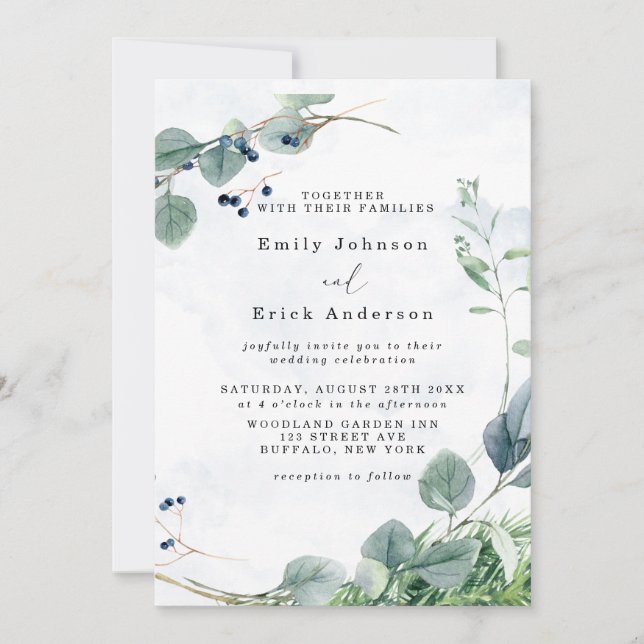 Invitación Dusty Blue Eucalyptus Greenery Rústico Boda (Anverso)