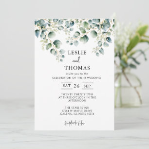 Invitación Dusty Blue Eucalyptus Greenery Suculento Boda