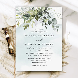 Invitación Dusty Blue Eucalyptus Greenery Suculento Boda