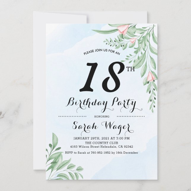 Invitación Dusty Blue Eucalyptus Greenery Sweet 18th Birthday (Anverso)