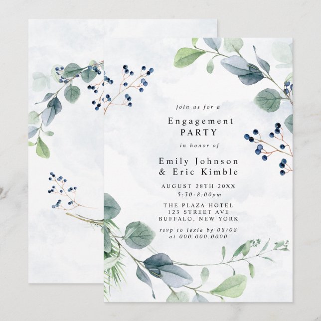 Invitación Dusty Blue Eucalyptus Rustic Engagement Party (Anverso / Reverso)
