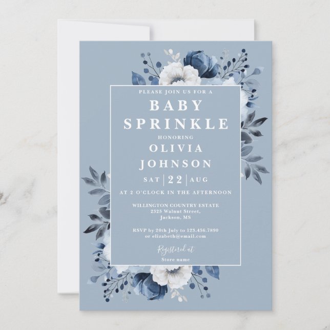 Invitación Dusty Blue Fiesta Floral de Sprinkle Baby Shower (Anverso)