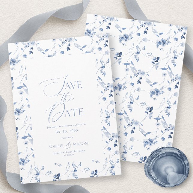 Invitación Dusty Blue Fine Art Floral Save the Date Card (Subido por el creador)