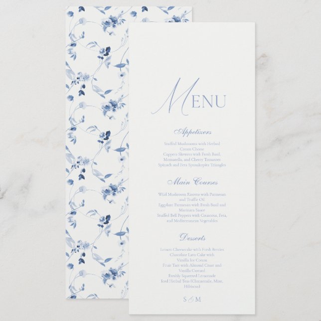 Invitación Dusty Blue Fine Art Floral Wedding Menu  (Anverso / Reverso)