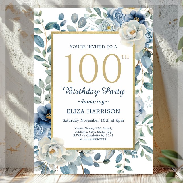 Invitación Dusty Blue Floral 100 cumpleaños (Subido por el creador)