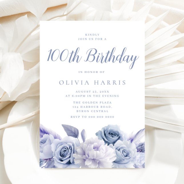Invitación Dusty Blue Floral 100 cumpleaños (Subido por el creador)