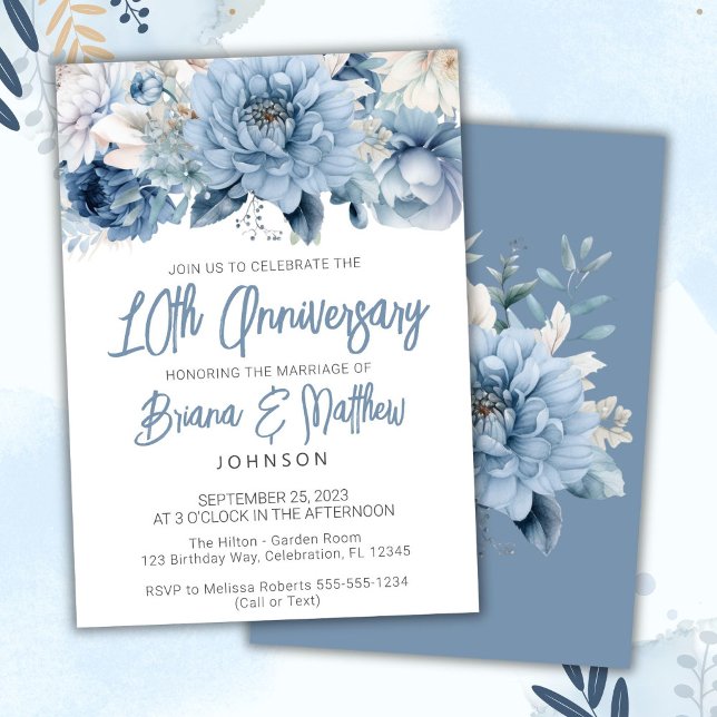 Invitación Dusty Blue Floral 10° Aniversario del Boda (Subido por el creador)