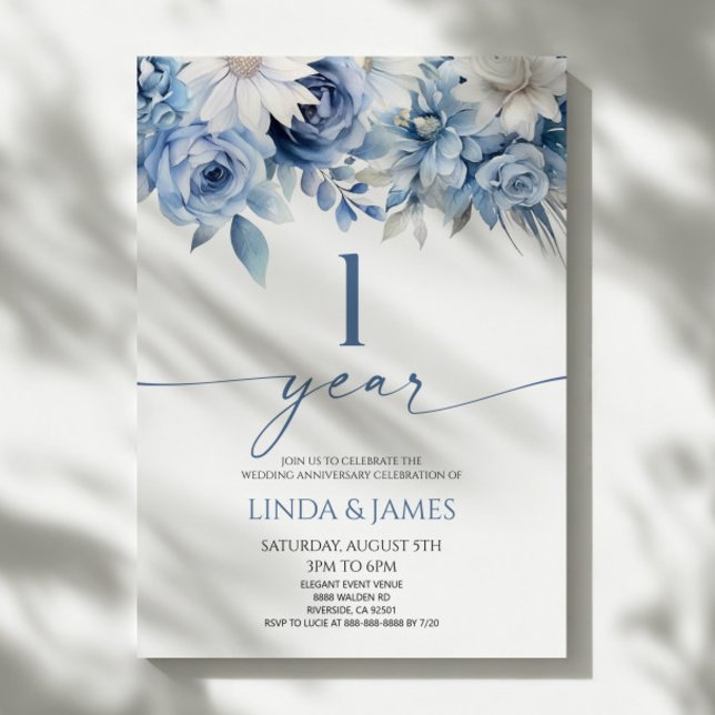 Invitación Dusty Blue Floral 1st Wedding Anniversary (Subido por el creador)