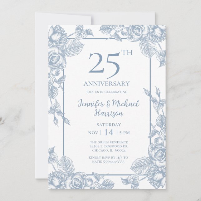 Invitación Dusty Blue Floral 25 Aniversario (Anverso)