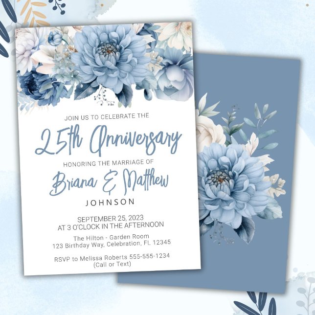 Invitación Dusty Blue Floral 25° Aniversario del Boda (Subido por el creador)
