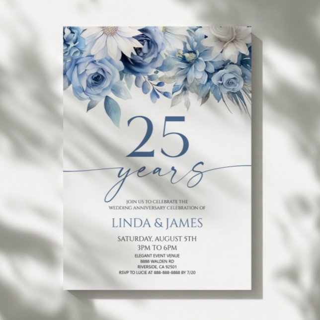 Invitación Dusty Blue Floral 25th Wedding Anniversary (Subido por el creador)