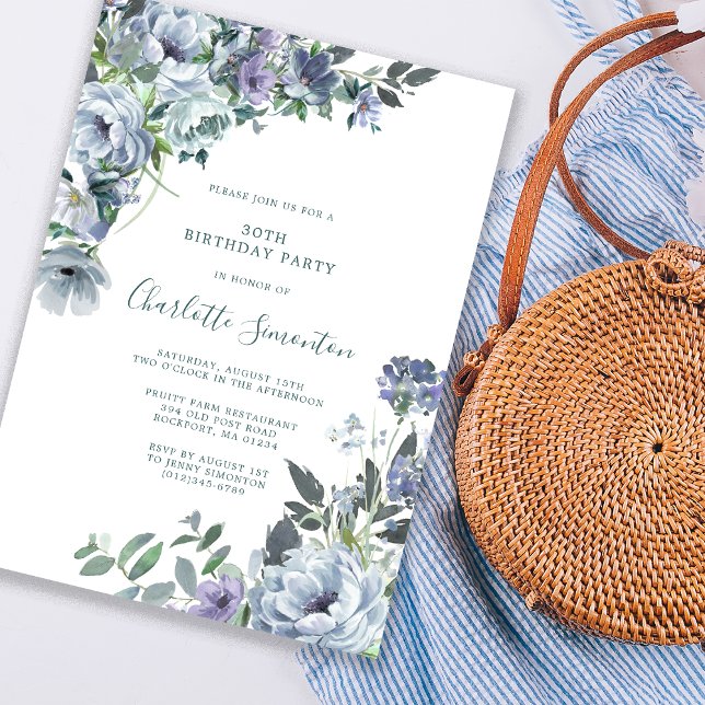 Invitación Dusty Blue Floral 30th Birthday Party (Subido por el creador)