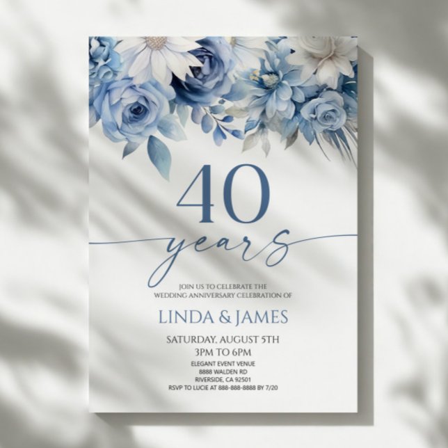 Invitación Dusty Blue Floral 40th Wedding Anniversary (Subido por el creador)
