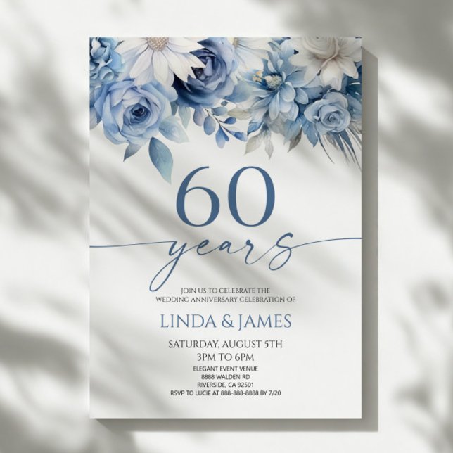 Invitación Dusty Blue Floral 60th Wedding Anniversary (Subido por el creador)