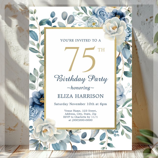 Invitación Dusty Blue Floral 75º cumpleaños (Subido por el creador)