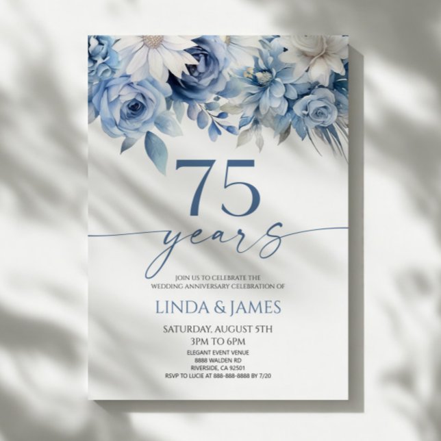 Invitación Dusty Blue Floral 75th Wedding Anniversary (Subido por el creador)