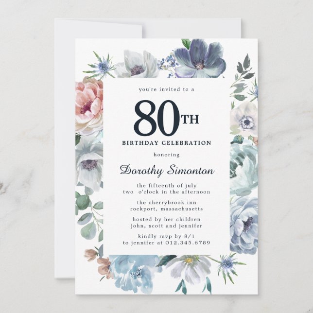 Invitación Dusty Blue Floral 80 cumpleaños (Anverso)
