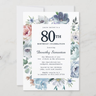 Invitación Dusty Blue Floral 80 cumpleaños