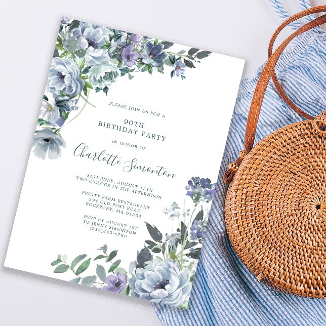 Invitación Dusty Blue Floral 90ª fiesta de cumpleaños (Subido por el creador)