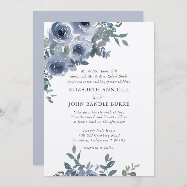 Invitación Dusty Blue Floral and Grey Formal Wedding Invite (Anverso / Reverso)