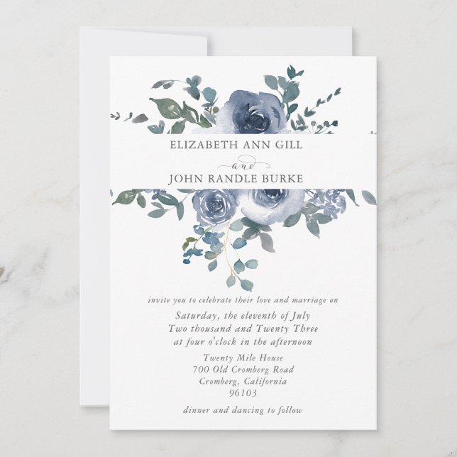 Invitación Dusty Blue Floral and Grey Wedding Invitation (Anverso)