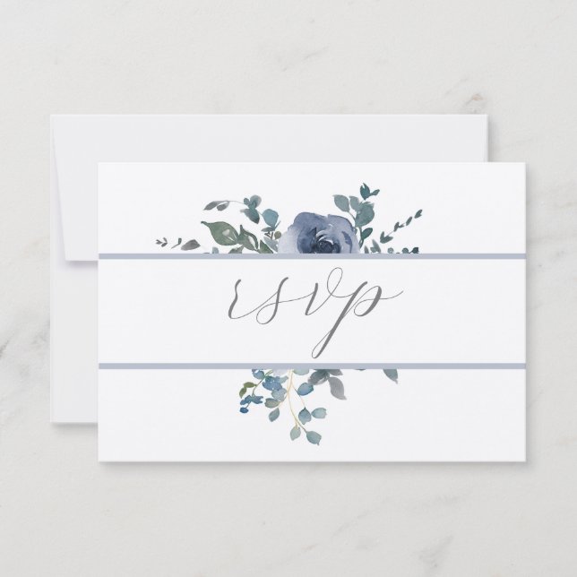 Invitación Dusty Blue Floral and Grey Wedding RSVP (Anverso)