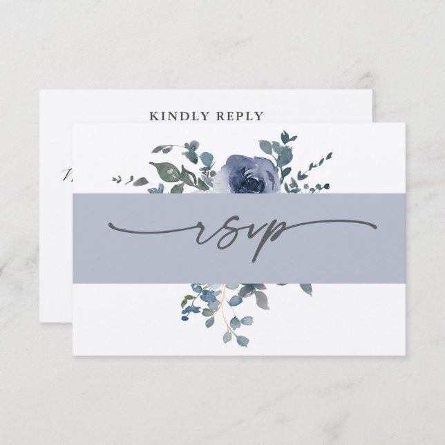 Invitación Dusty Blue Floral and Grey Wedding RSVP (Anverso / Reverso)