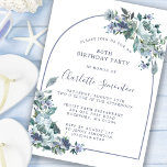 Invitación Dusty Blue Floral Arch 80th Birthday Invitation<br><div class="desc">Una polvorienta peonía azul y flores silvestres decoran un arco de bonito en esta invitación a la fiesta de cumpleaños. La caligrafía moderna se suma al Boho Vibe.</div>