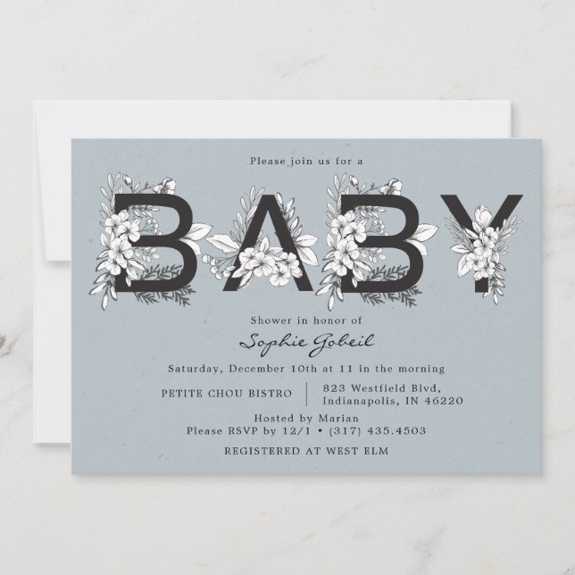 Invitación Dusty Blue Floral Baby Shower (Anverso)