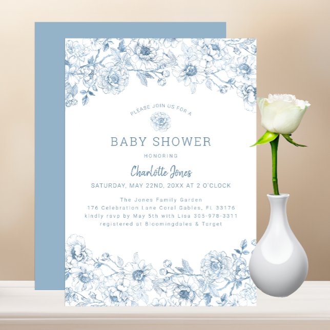 Invitación Dusty Blue Floral Baby Shower Invite con elegancia (Dusty Blue Baby Shower Invitation)