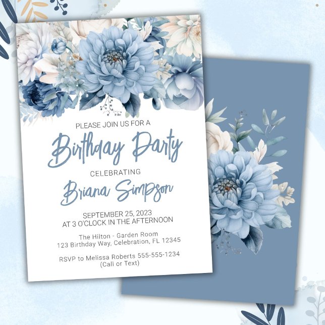 Invitación Dusty Blue Floral Birthday Party (Subido por el creador)