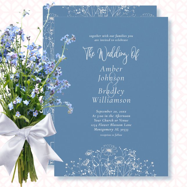 Invitación Dusty Blue Floral Blanco Código QR Boda elegante (Subido por el creador)