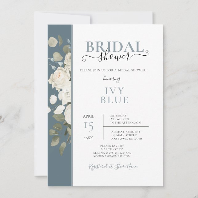 Invitación Dusty Blue Floral Blue Bridal Shower (Anverso)
