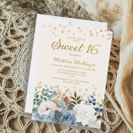 Invitación Dusty Blue Floral Blue Floral Gold Purpurina Dulce