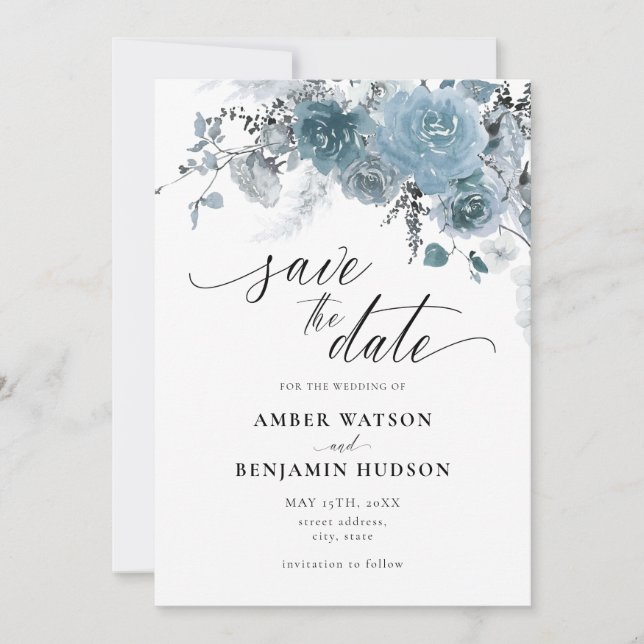 Invitación Dusty Blue Floral Bohemian Wedding Salva La Fecha (Anverso)