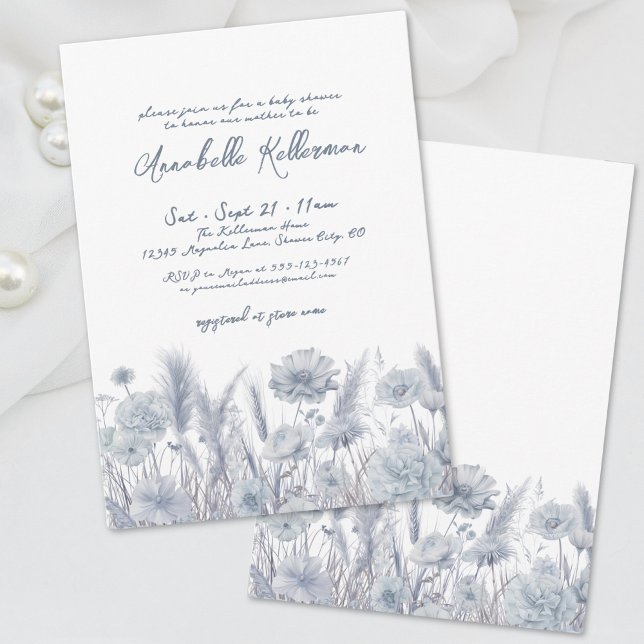 Invitación Dusty Blue Floral Boho Baby Shower (Dusty Blue Pampas Floral Boho Baby Shower Invitation)