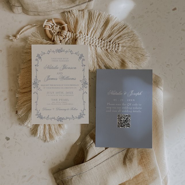Invitación Dusty Blue Floral Boho Botanical QR Code Wedding (Subido por el creador)